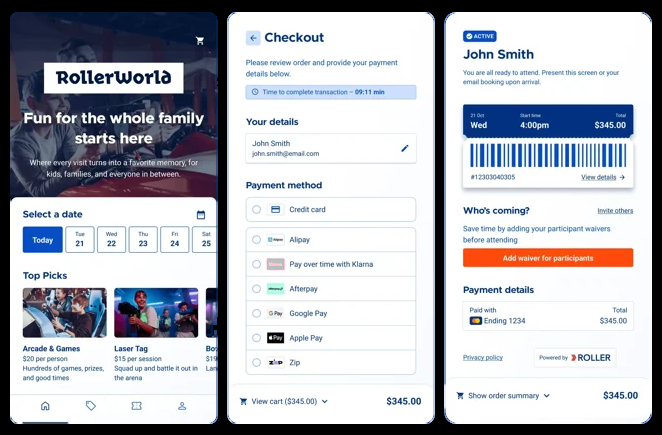 ROLLER online checkout and ticket screens