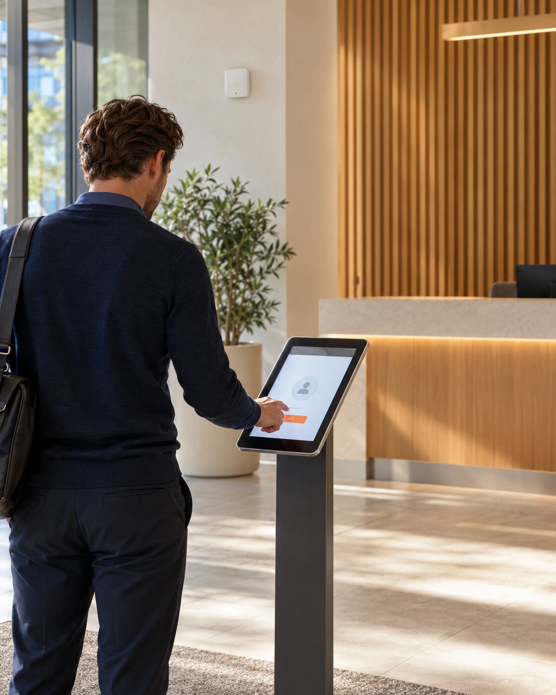 A visitor checking in at a reception kiosk beneath a wall-mounted environmental sensor in a bright, welcoming workplace.