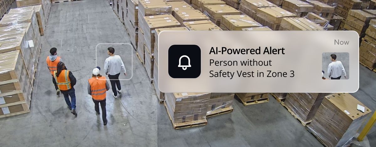 Overhead warehouse camera with an alert for a person not wearing a safety vest in Zone 3.