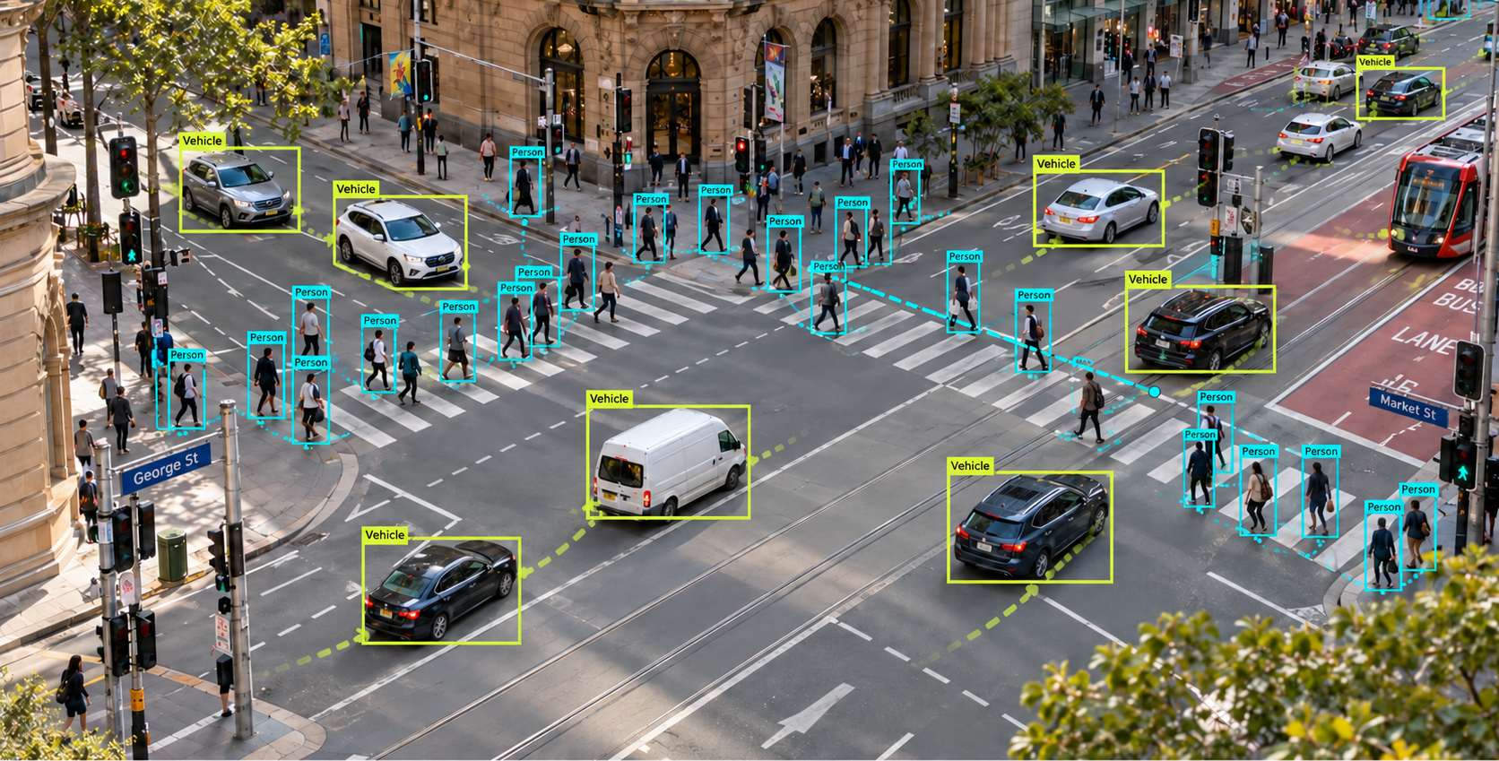 Video analytics at a busy intersection, with pedestrians and vehicles highlighted by detection boxes.