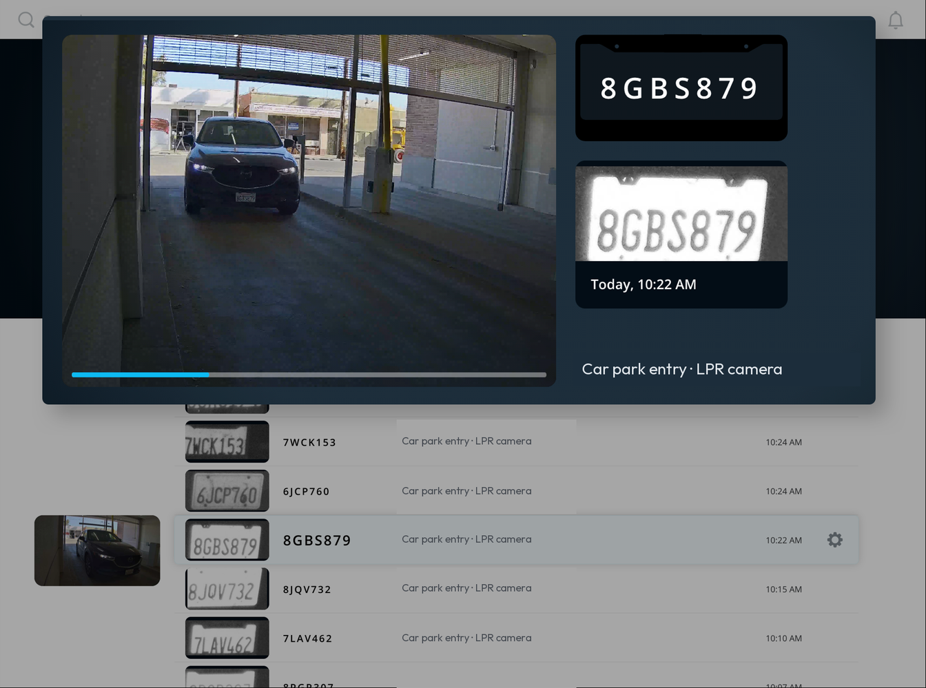 Number plate recognition screen showing a car at a car park entry, the plate read, and a log of recent entries.